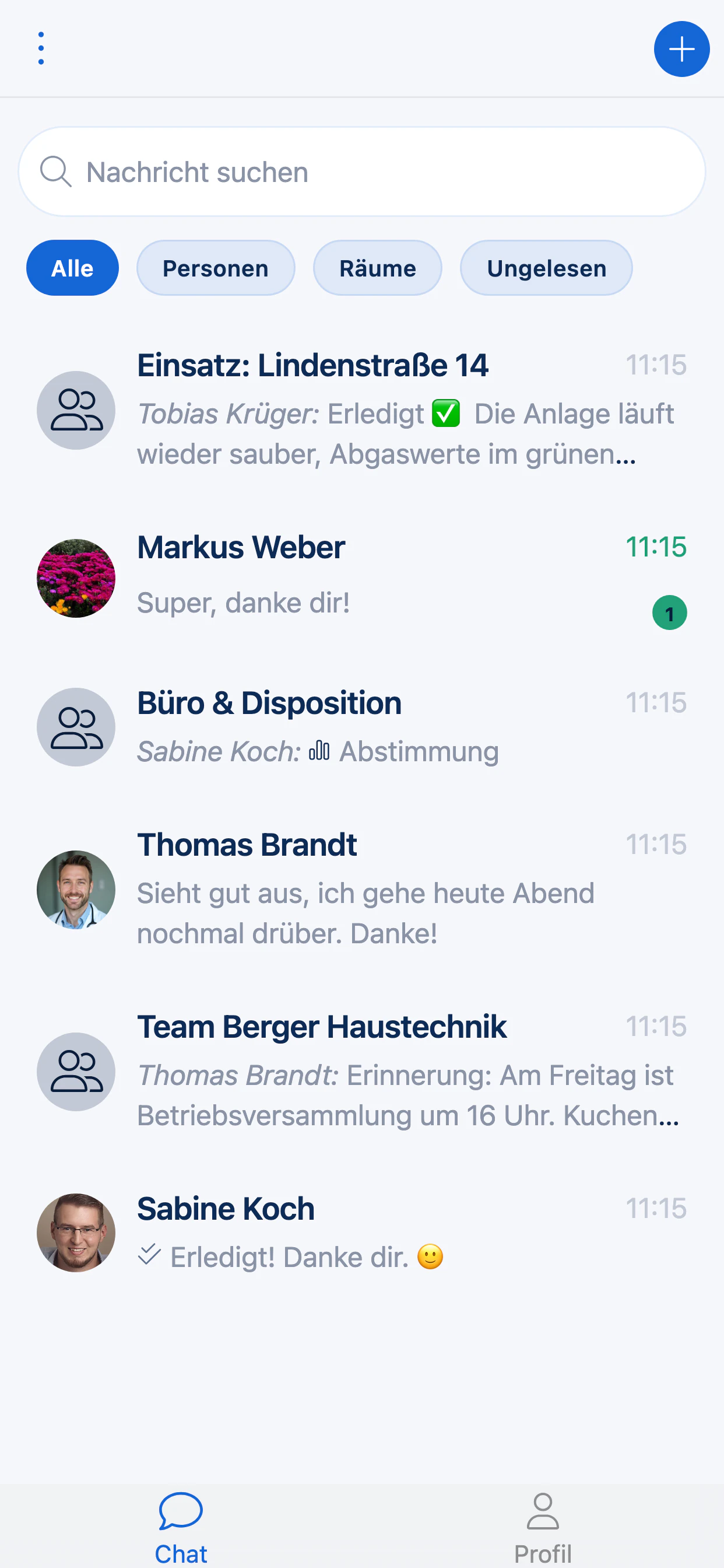 Aura auf dem Smartphone: Chatliste mit Filtern für Alle, Personen, Räume und Ungelesen