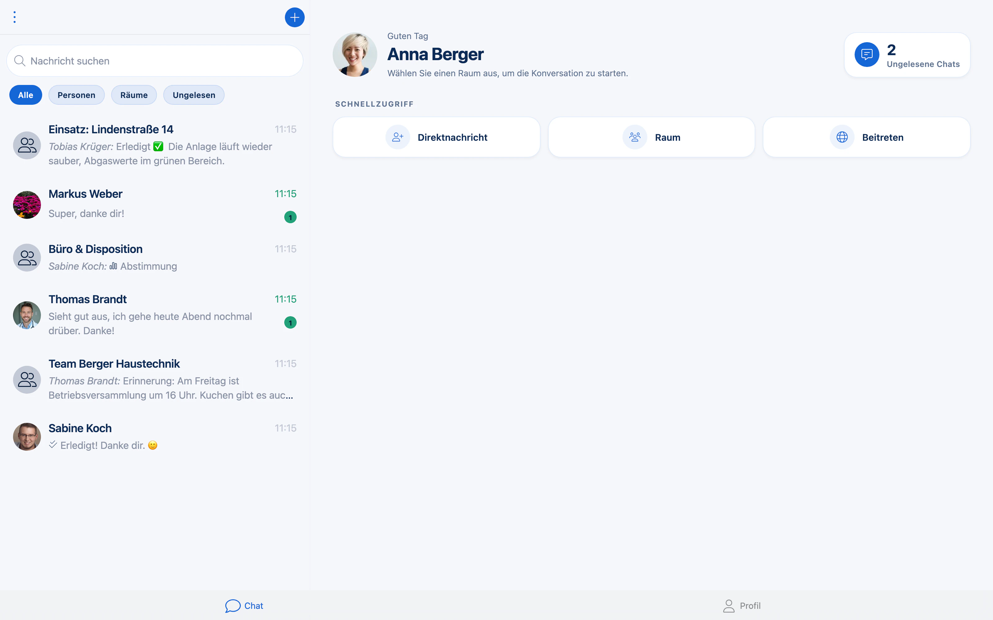 Aura im Browser: Chatliste mit Einsatz Lindenstraße 14 und Schnellzugriff für Anna Berger