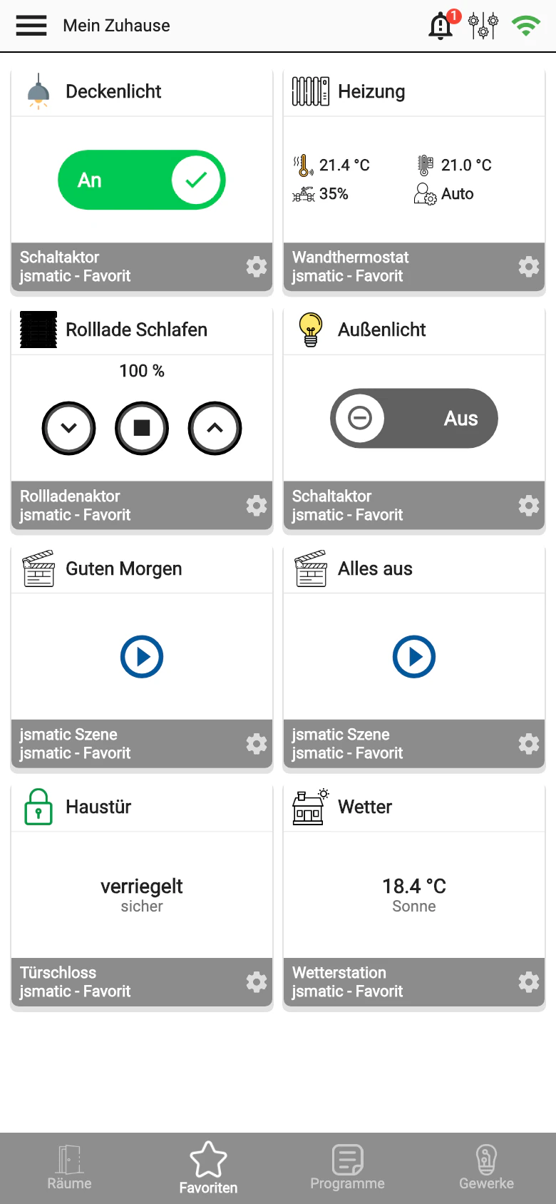 JSMatic auf dem Smartphone: Favoriten mit Deckenlicht, Heizung, Rollladen, Außenlicht, Szenen, Haustür und Wetter