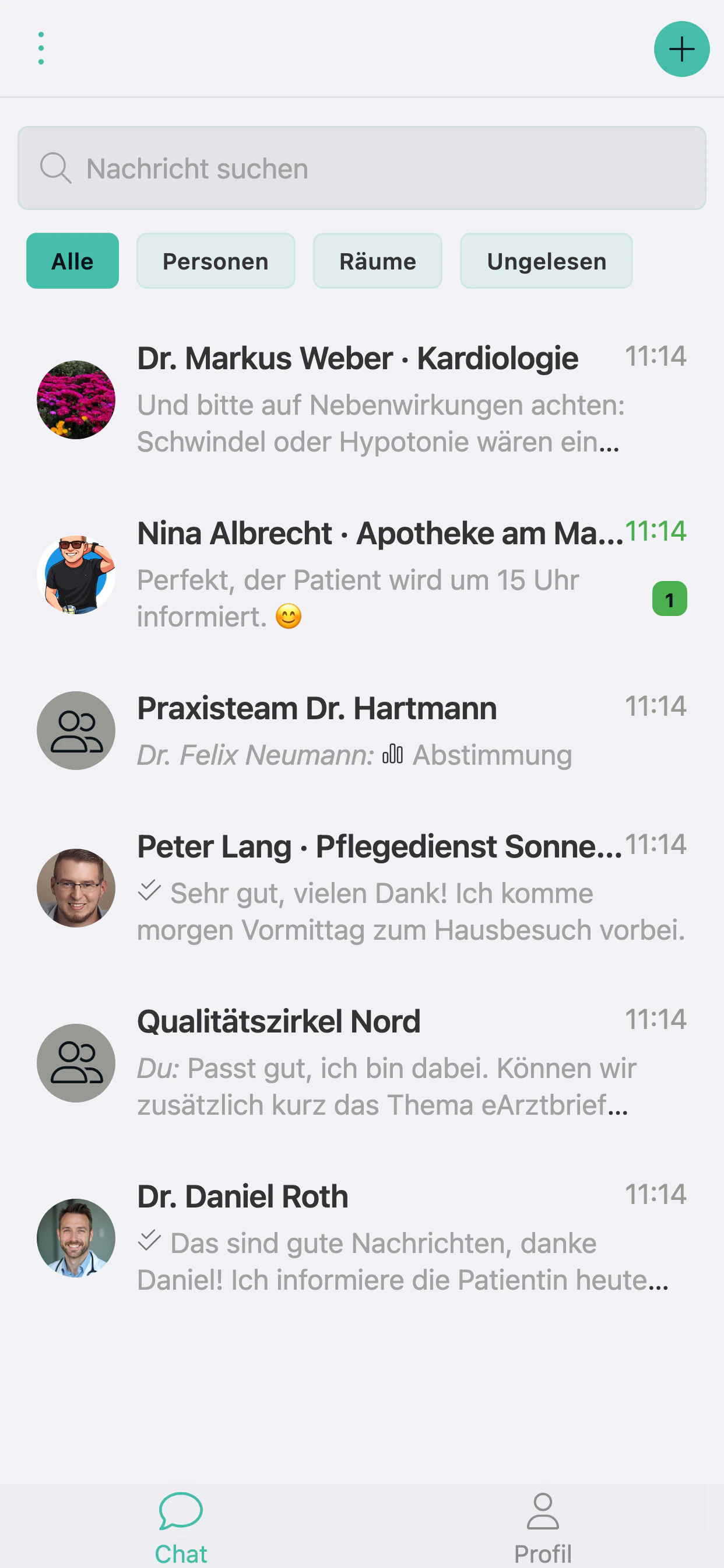 TI-Messenger auf dem Smartphone: Chatliste mit Kardiologie, Apotheke und Praxisteams