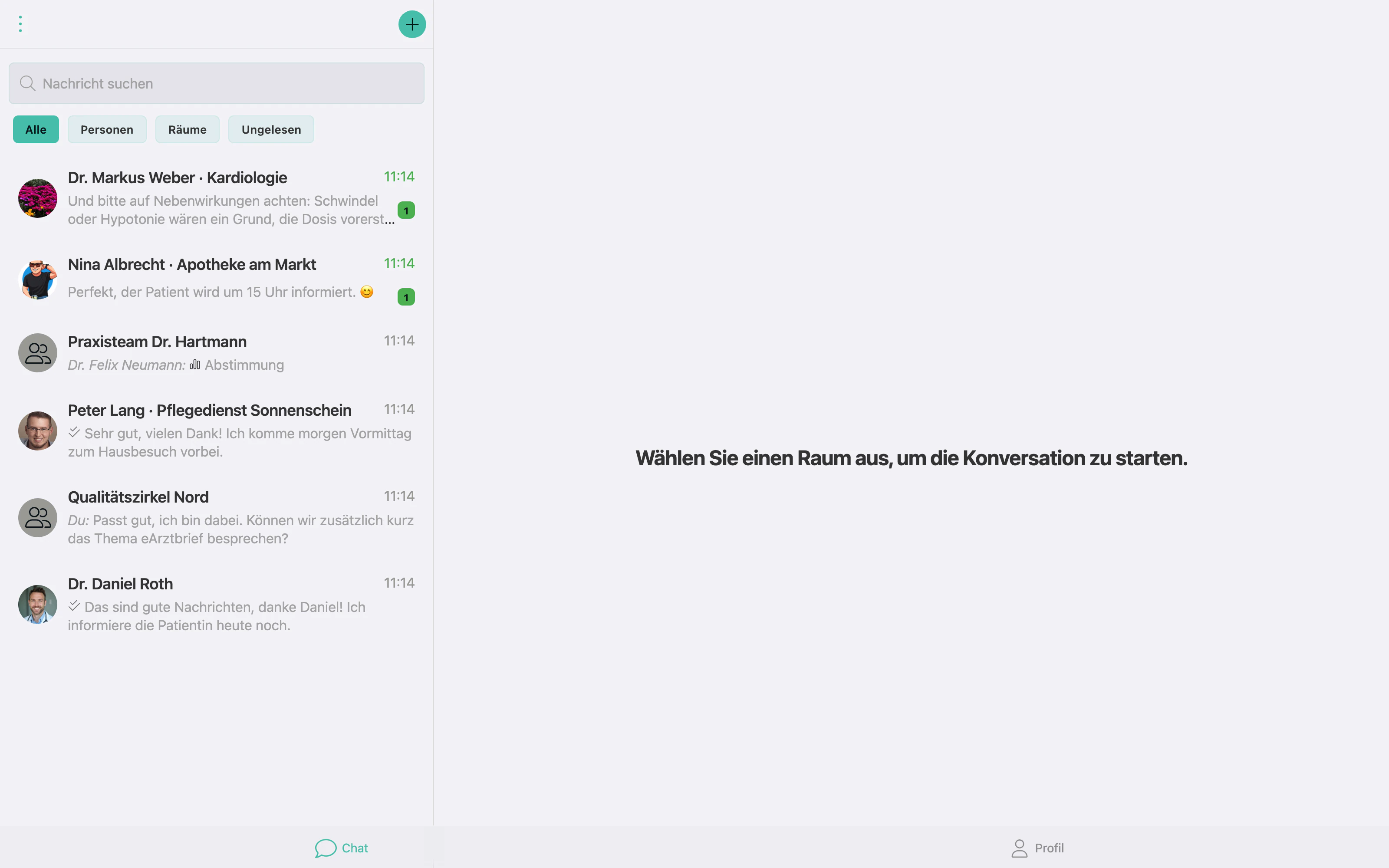 TI-Messenger im Browser: Chatliste mit Praxisteams und Hinweis, einen Raum für die Konversation zu wählen