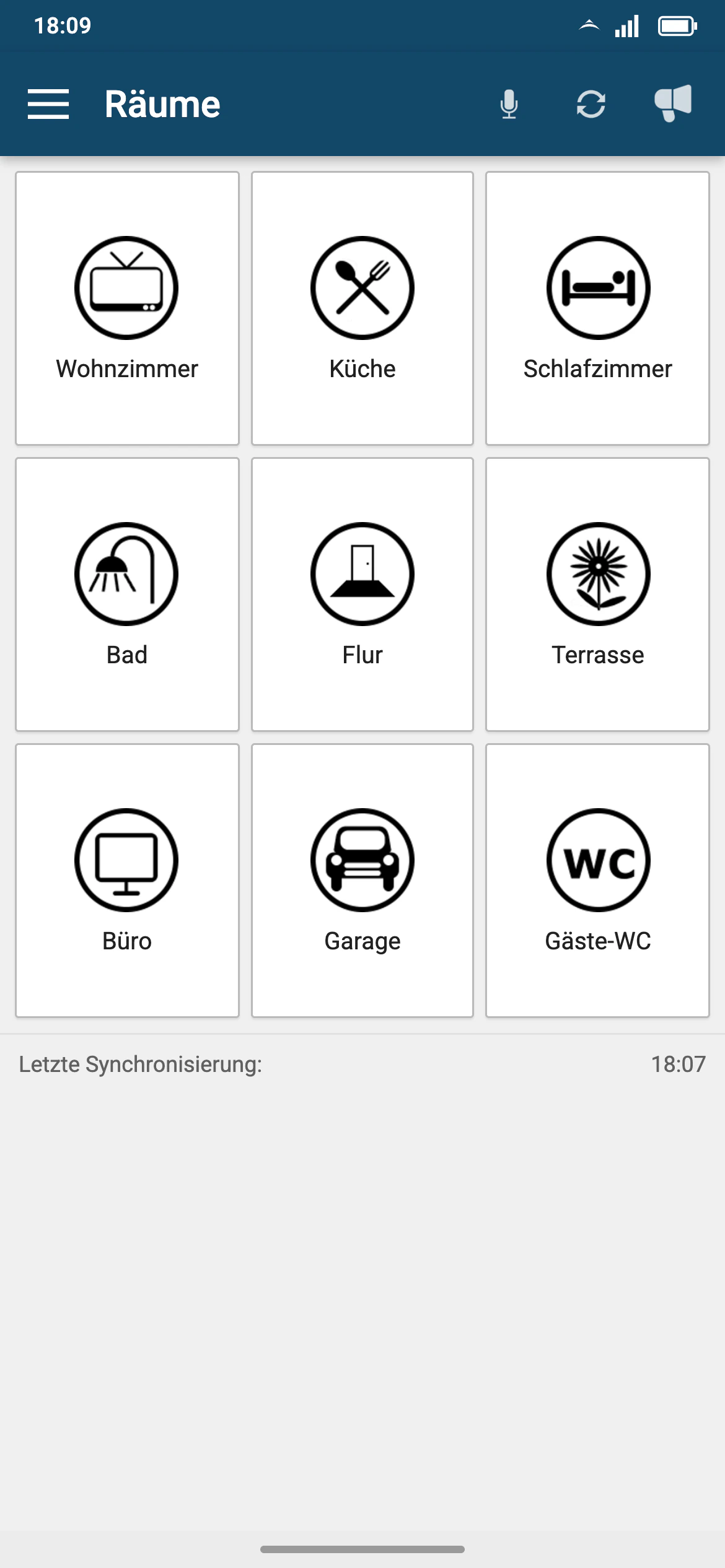Tinymatic auf dem Smartphone: Raumübersicht als Kachelraster mit Wohnzimmer, Küche, Schlafzimmer, Bad und weiteren Räumen